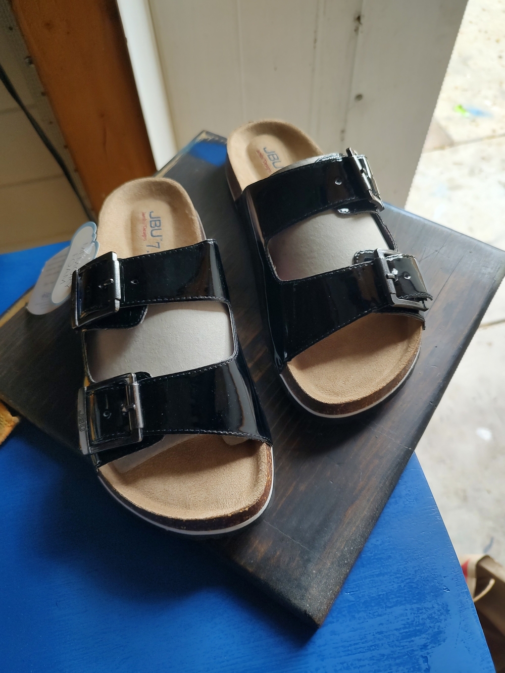 JBU Women's Black Patent Double-Buckle Slide Sandals